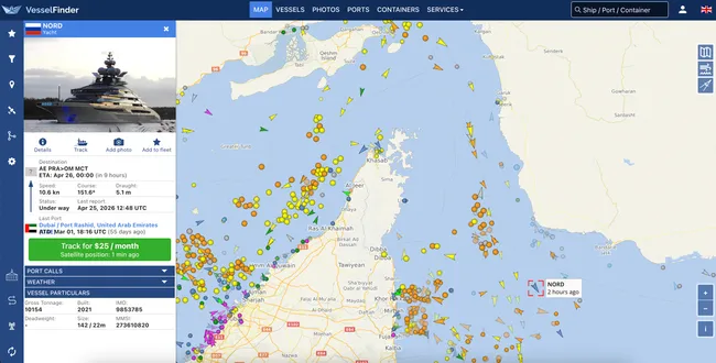 142‑метровая яхта «Nord», принадлежащая бизнесмену Алексею Мордашову, по данным сервисов отслеживания судоходства, вышла из Дубая, прошла через Ормузский пролив и следует в порт Омана; в те же часы пролив пересекли несколько судов, находящихся под санкциями США.