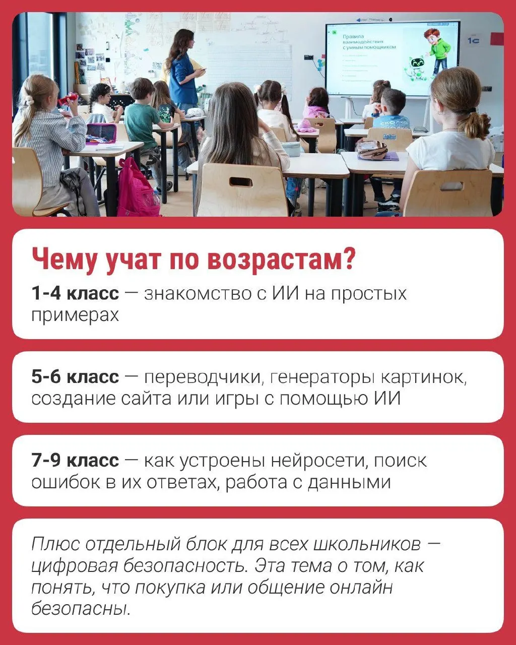 Расширение проекта «Урок ИИ» по всей стране до 9 класса; разработано Фондом «Сколково» и платформой Avito; в примерах — рекомендации в приложениях, ИИ‑ассистенты и защита данных.