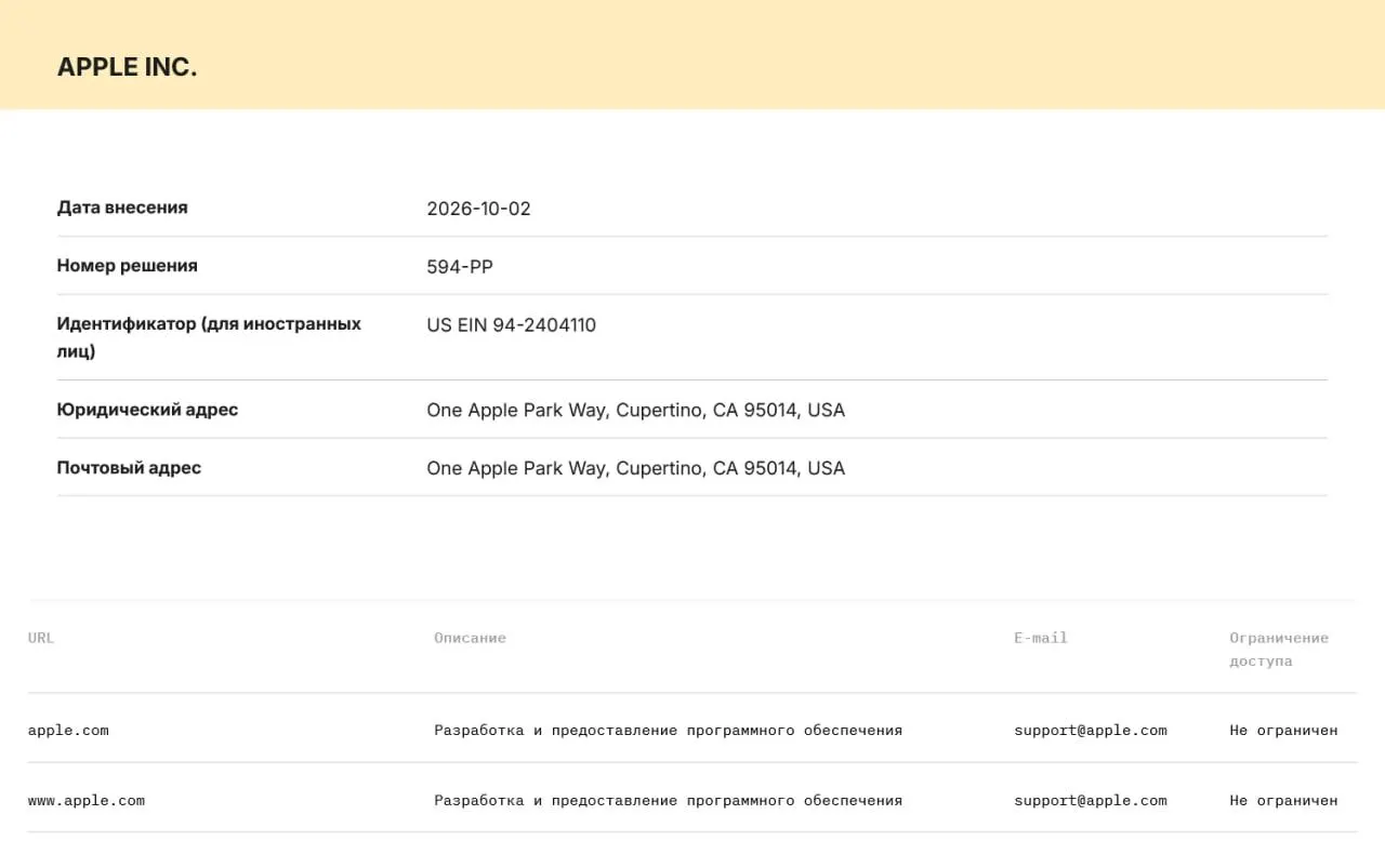 Роскомнадзор включил Apple и Microsoft в реестр ОРИ; компании обязаны хранить данные пользователей на серверах в РФ и передавать их силовикам по первому требованию. Меры наказания включают штрафы и возможность блокировки сервисов.